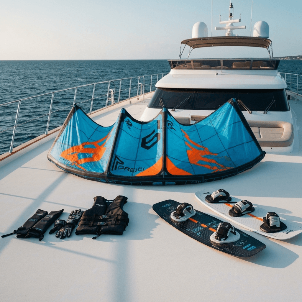Premium kiteboarding equipment on luxury yacht