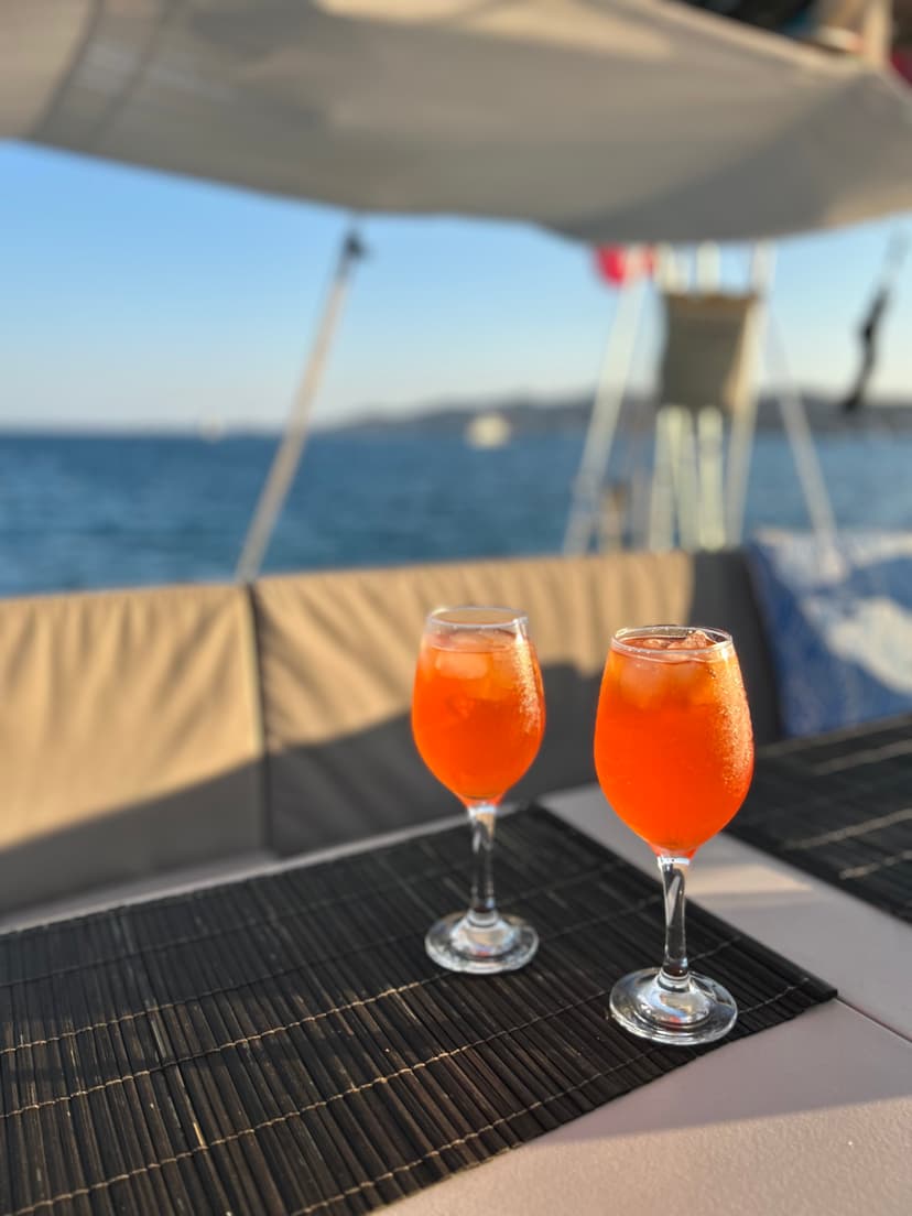 Luxury catamaran interior kite safari accommodation sunset drinks