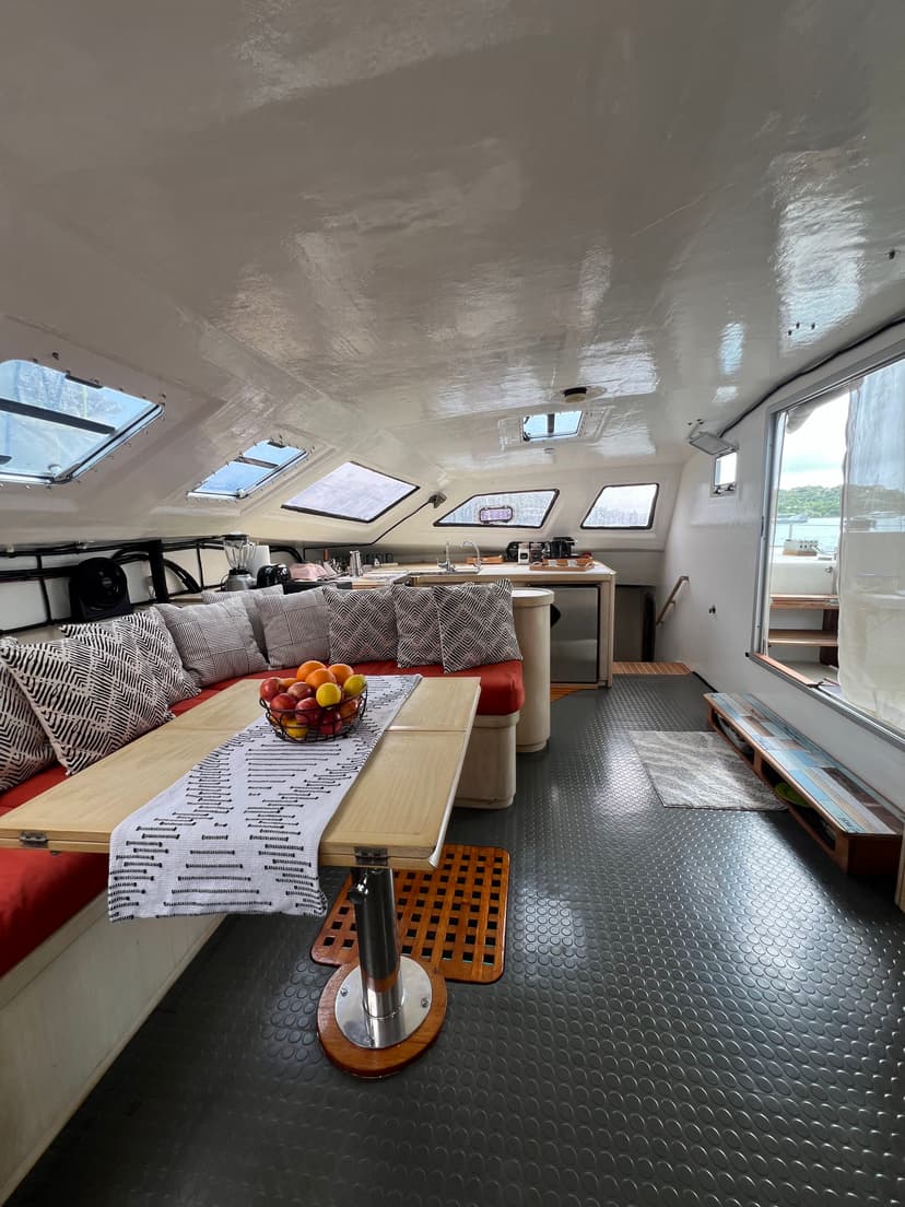 Luxury catamaran interior kite safari accommodation dining lounge